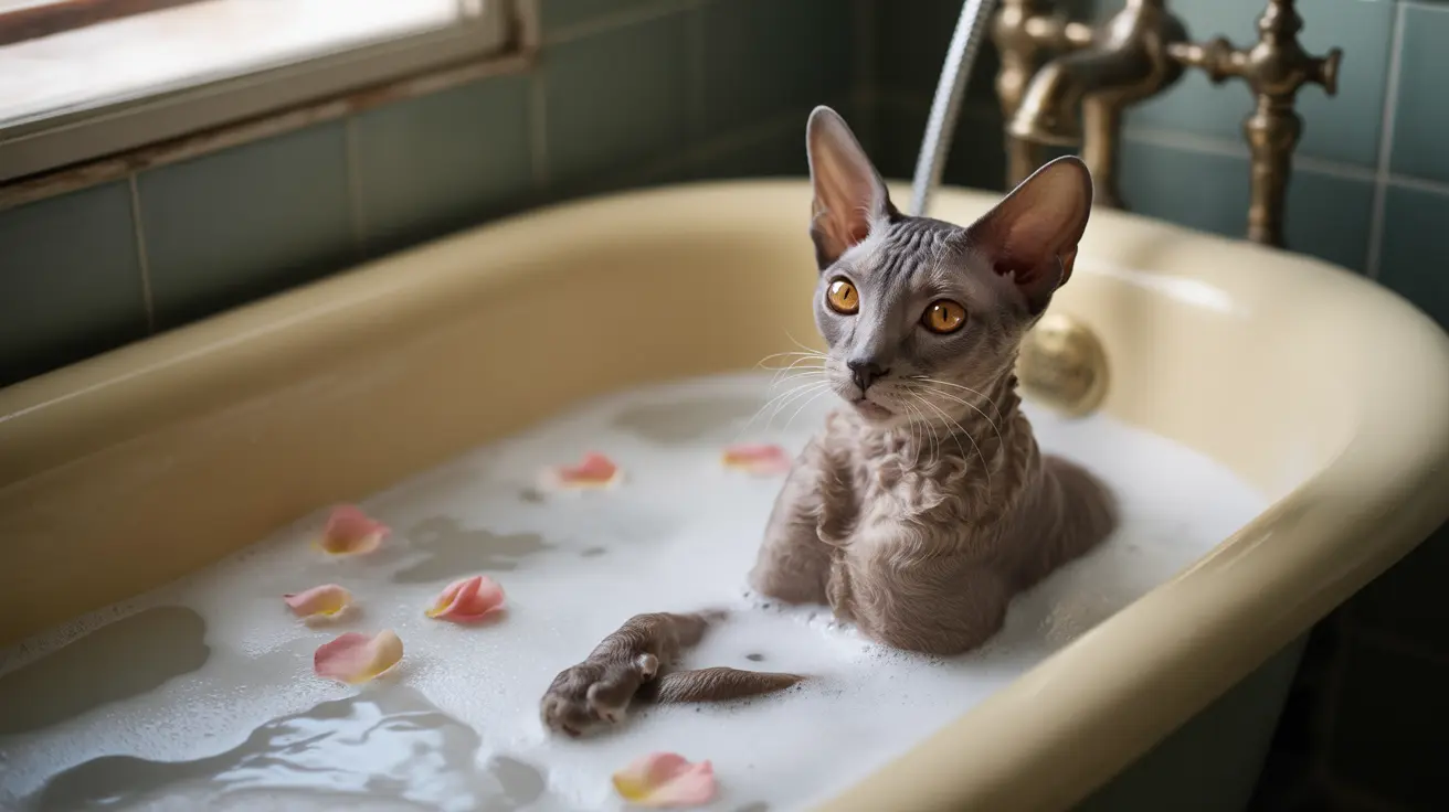 A hairless Sphynx cat sitting in a bathtub filled with soapy water and pink rose petals