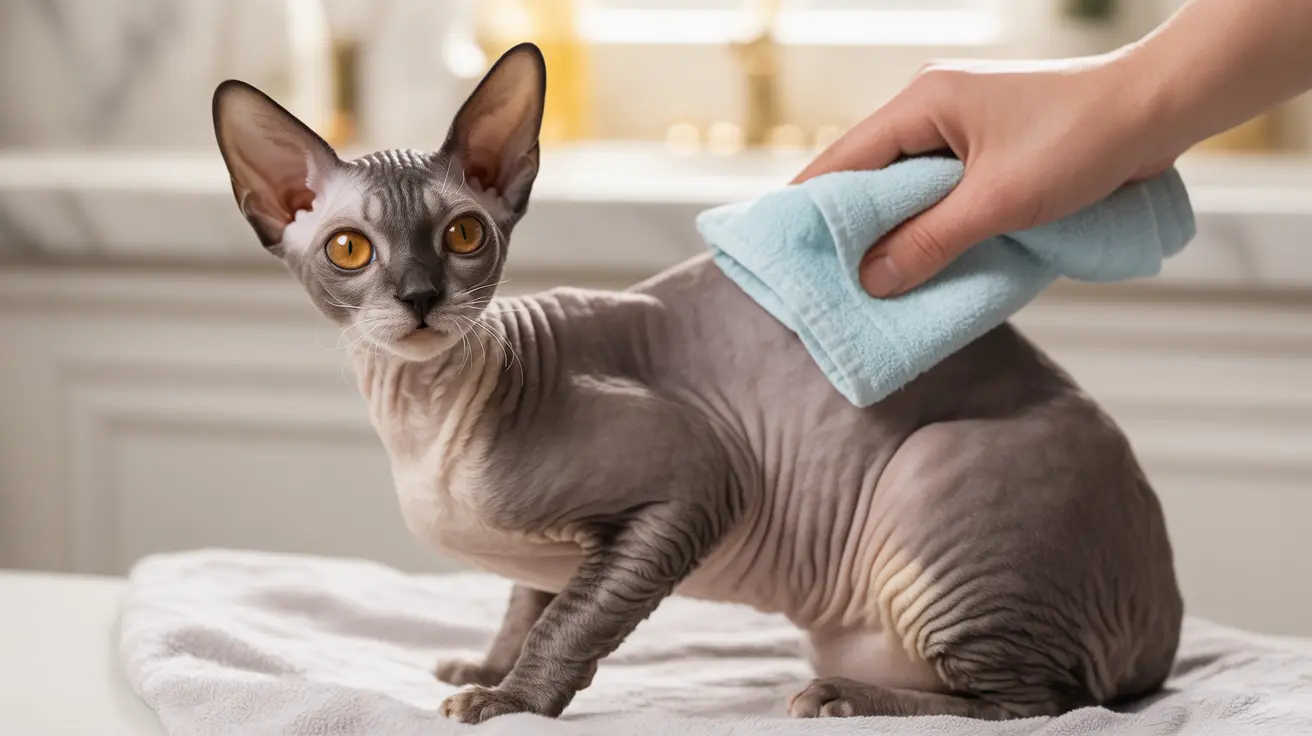 毛のないスフィンクス猫が青いタオルで優しく拭かれている様子