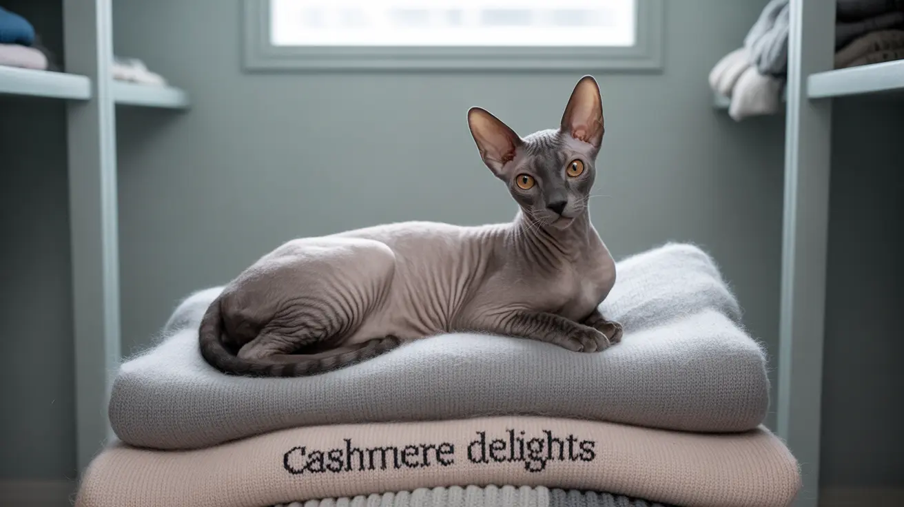 A hairless Sphynx cat sitting elegantly on a stack of soft cashmere blankets in a minimalist interior setting