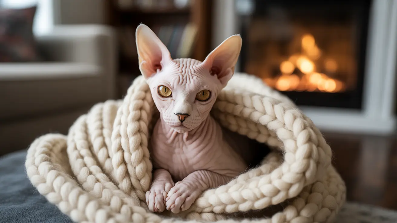 Sphynx cat wrapped in chunky knit blanket near cozy fireplace