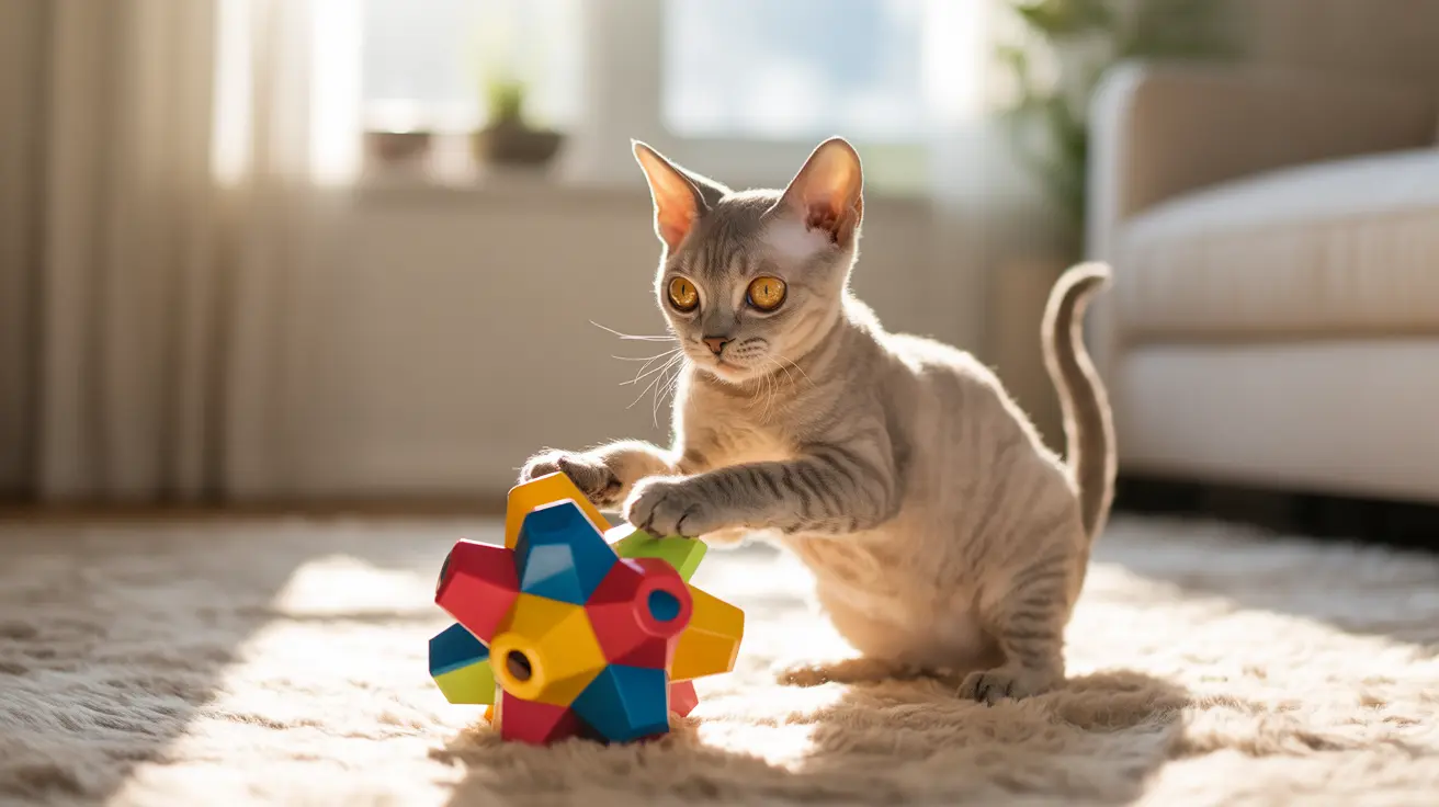 A hairless Sphynx cat playing with a colorful geometric toy on a soft rug