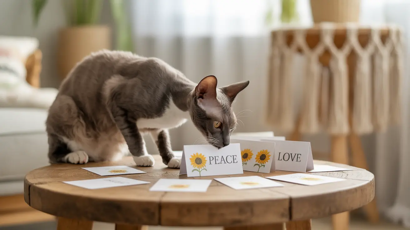 A gray and white Sphynx cat standing on a wooden table near cards with sunflower images and words 'Peace' and 'Love'