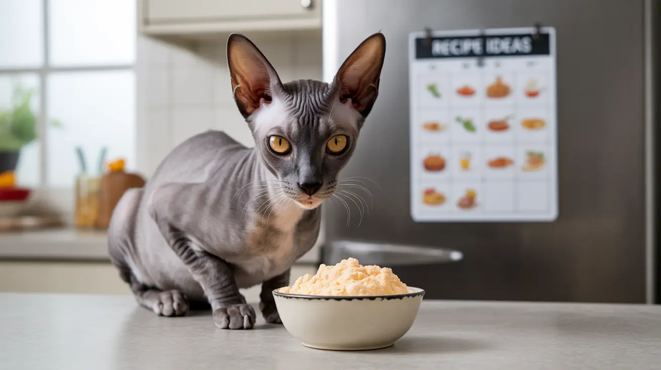 Hairless Sphynx cat on kitchen counter with food and recipe poster