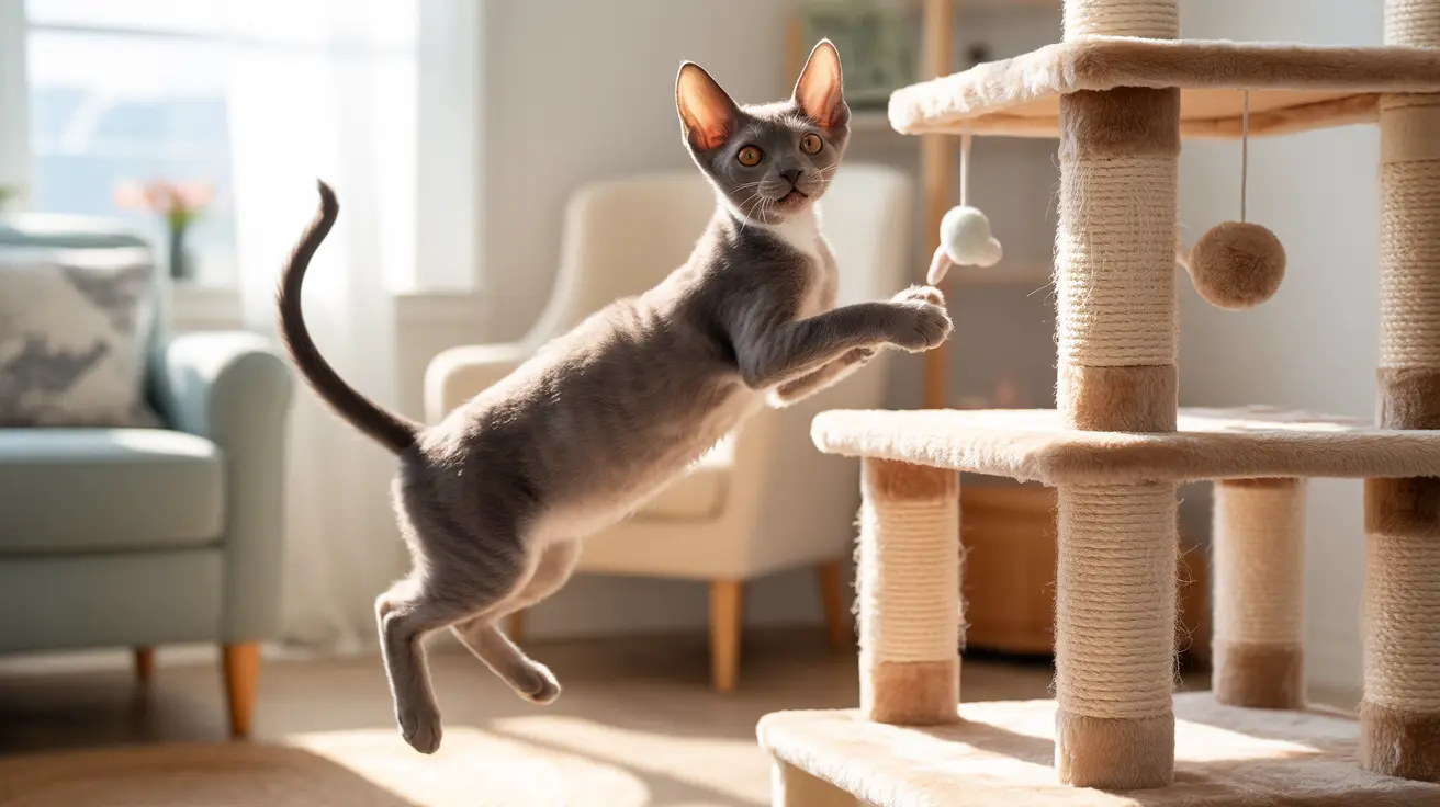 A playful Sphynx cat leaping mid-air near a cat tree reaching for a hanging toy