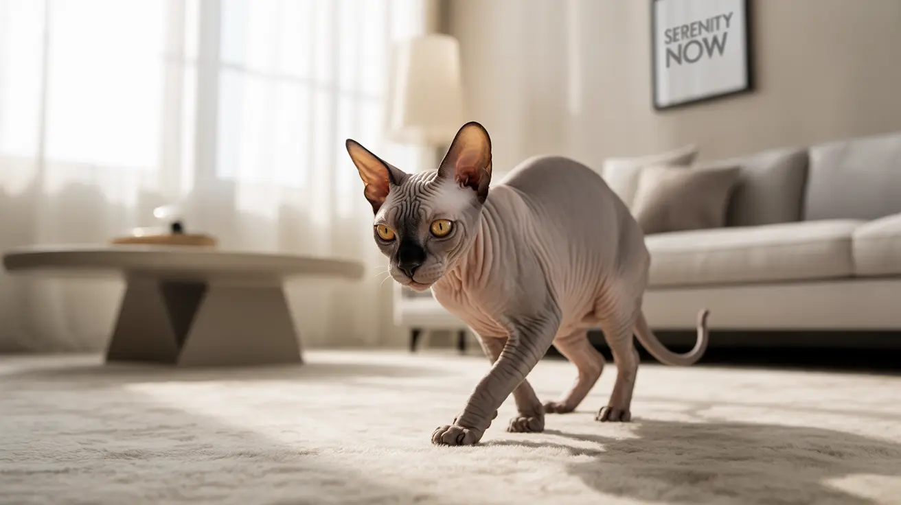A hairless Sphynx cat walking across a soft carpet in a minimalist, light-filled living room