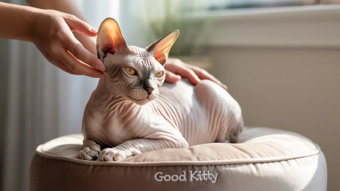 Un gato esfinge sin pelo siendo acariciado suavemente mientras está sentado en un cojín beige etiquetado 'Buen Gatito'.