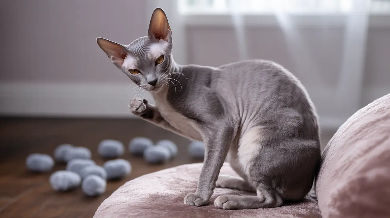 Gato Sphynx sin pelo sentado en un cojín rosa con expresión contemplativa y varias piedras azules en el fondo.
