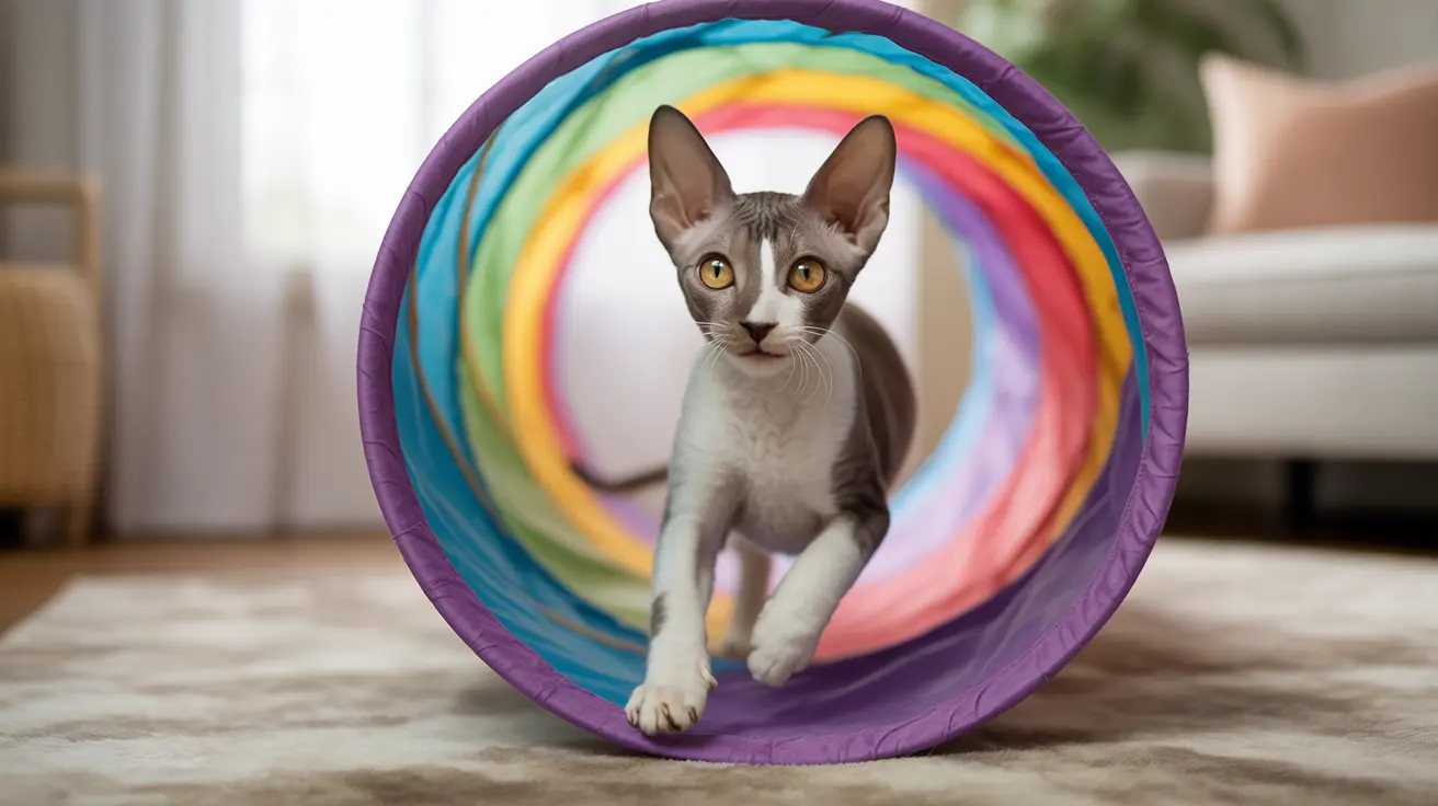 Un gato Sphynx sin pelo sentado dentro de un túnel de juego colorido con tonos de arcoíris.