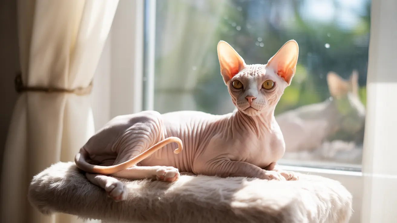 A hairless Sphynx cat sitting on a soft cushion near a window, basking in sunlight