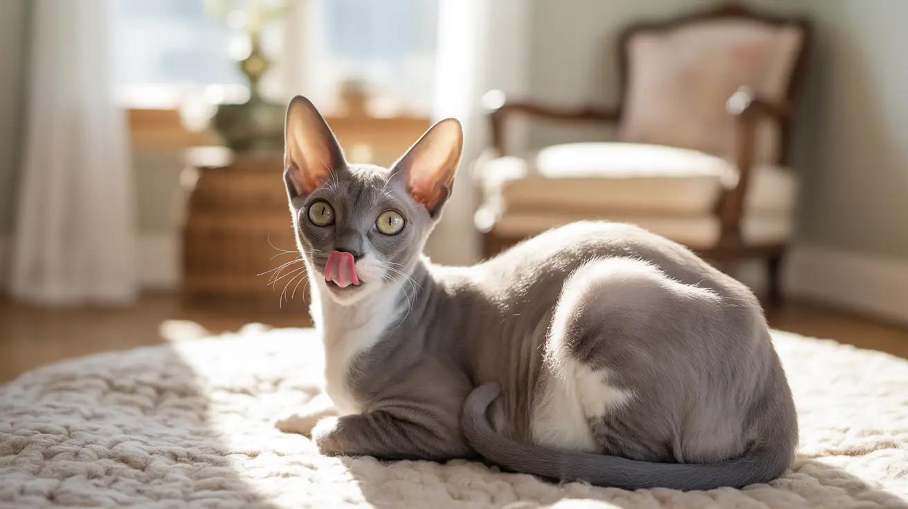 A gray and white Sphynx cat sitting on a textured beige rug with its tongue slightly sticking out