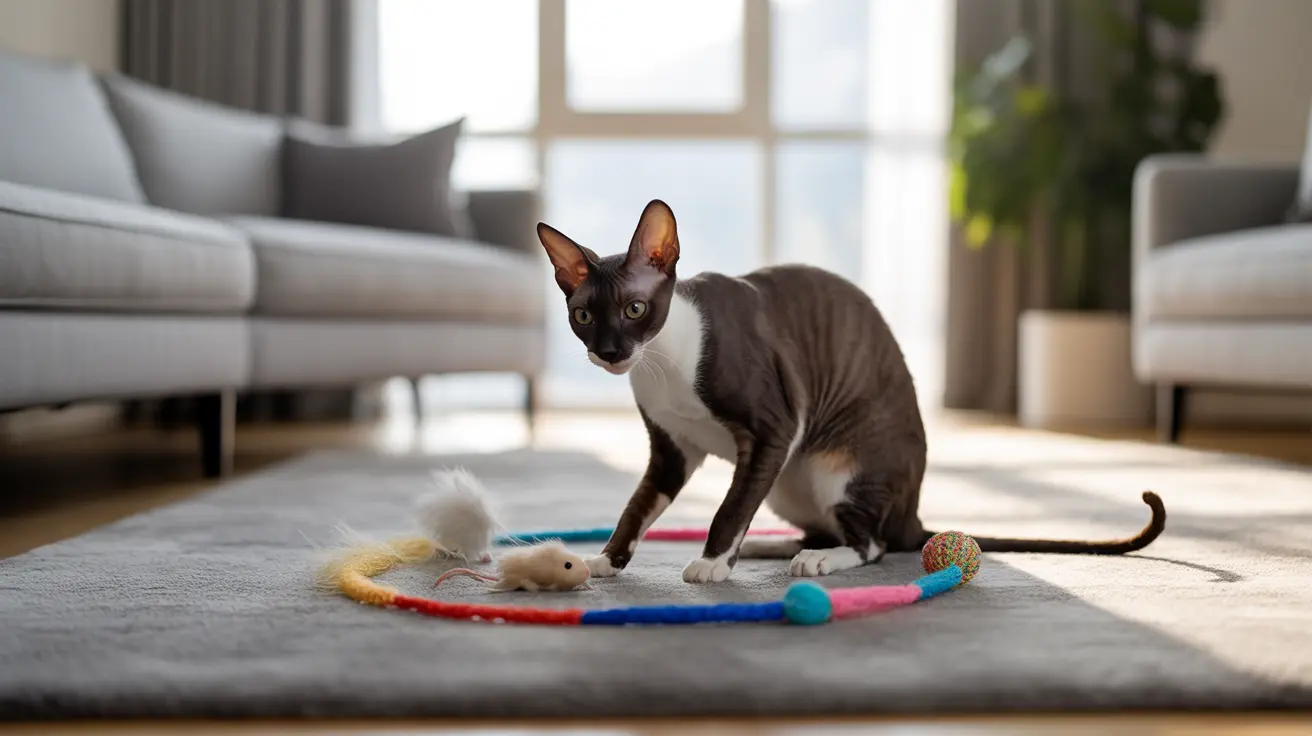 A hairless Sphynx cat sitting on a gray rug with colorful cat toys in a modern living room