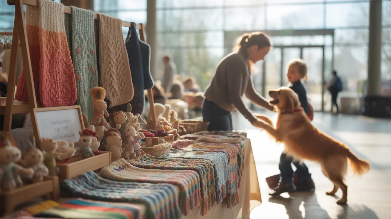 Colorful booths displaying handcrafted pet products at a community craft fair