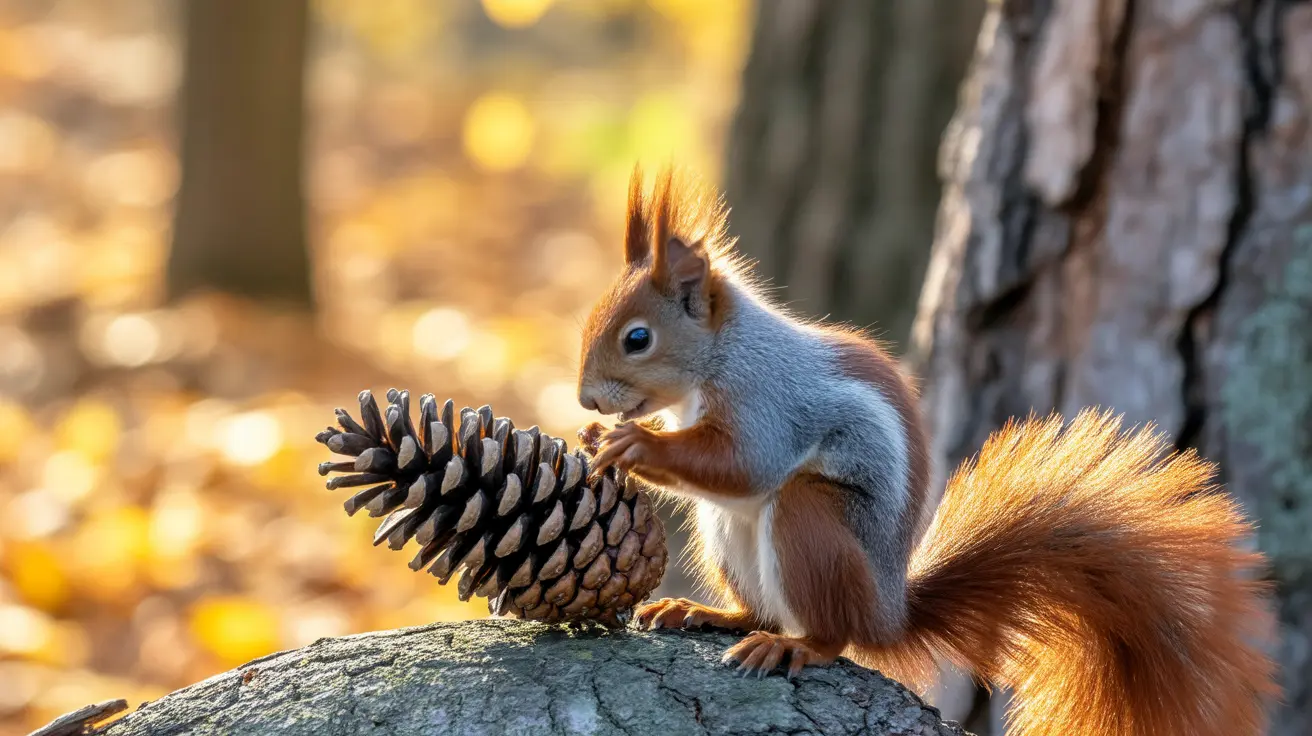 Squirrel stripping pine cone scales to reach seeds on a tree branch