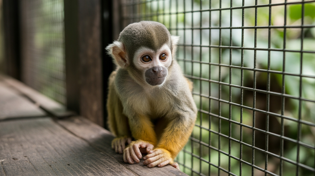 Squirrel monkey reacting to a magic trick with visible confusion