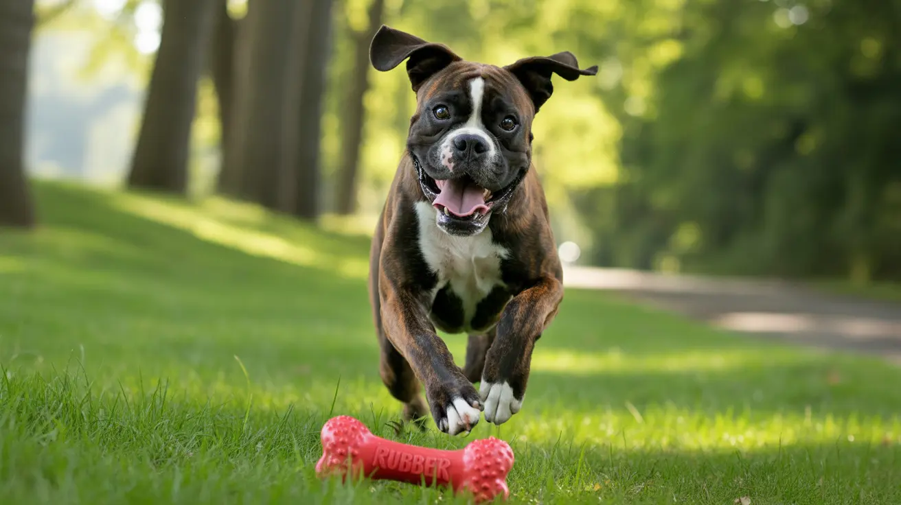 Energetic Staffy mid-leap chasing a red rubber bone toy in a sunny grassy park