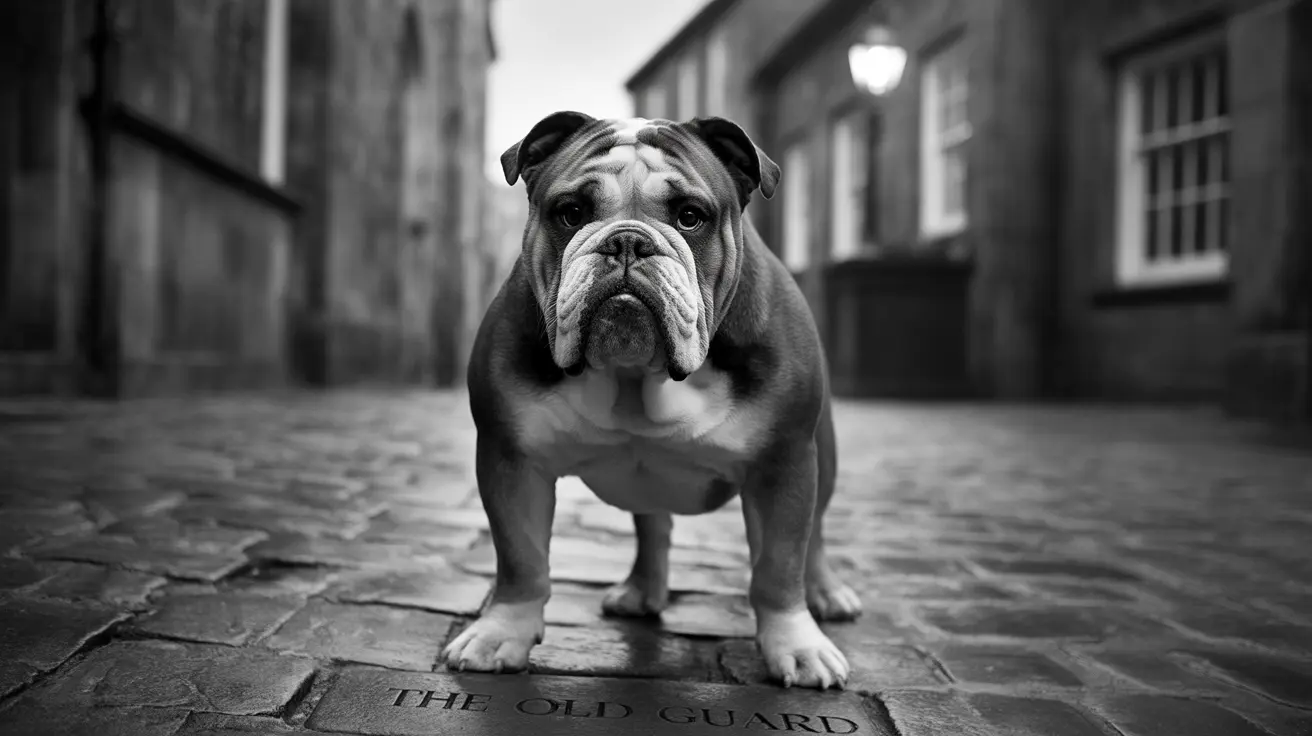 A stoic English Bulldog standing on stone pavement with 'THE OLD GUARD' text beneath its paws.