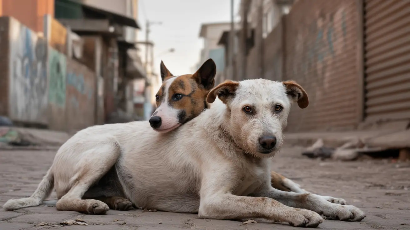 A stray dog near a city street with animal control vehicle in background