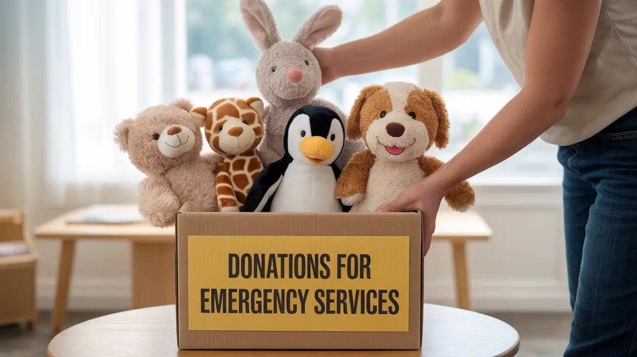 Young child donating stuffed animals to firefighters for comfort during emergencies