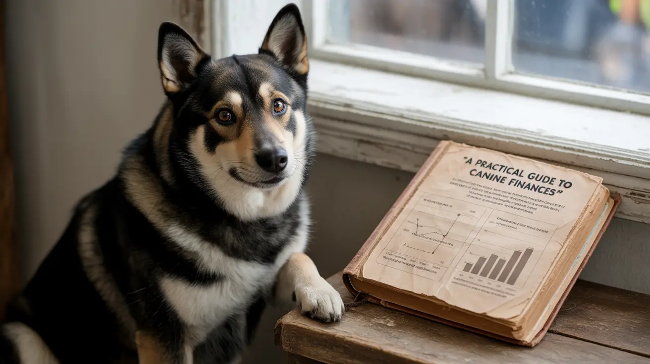 黒、白、茶色の犬が『犬の家計実用ガイド』という古い本の横に座っている様子