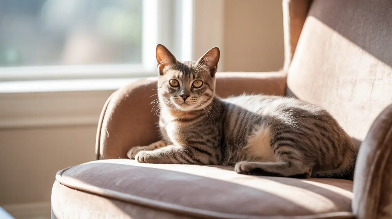 A tabby cat lounging on a plush armchair near a sunlit window