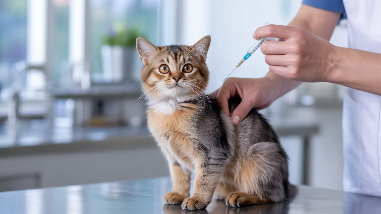 A tabby cat receiving a medical injection at a veterinary clinic