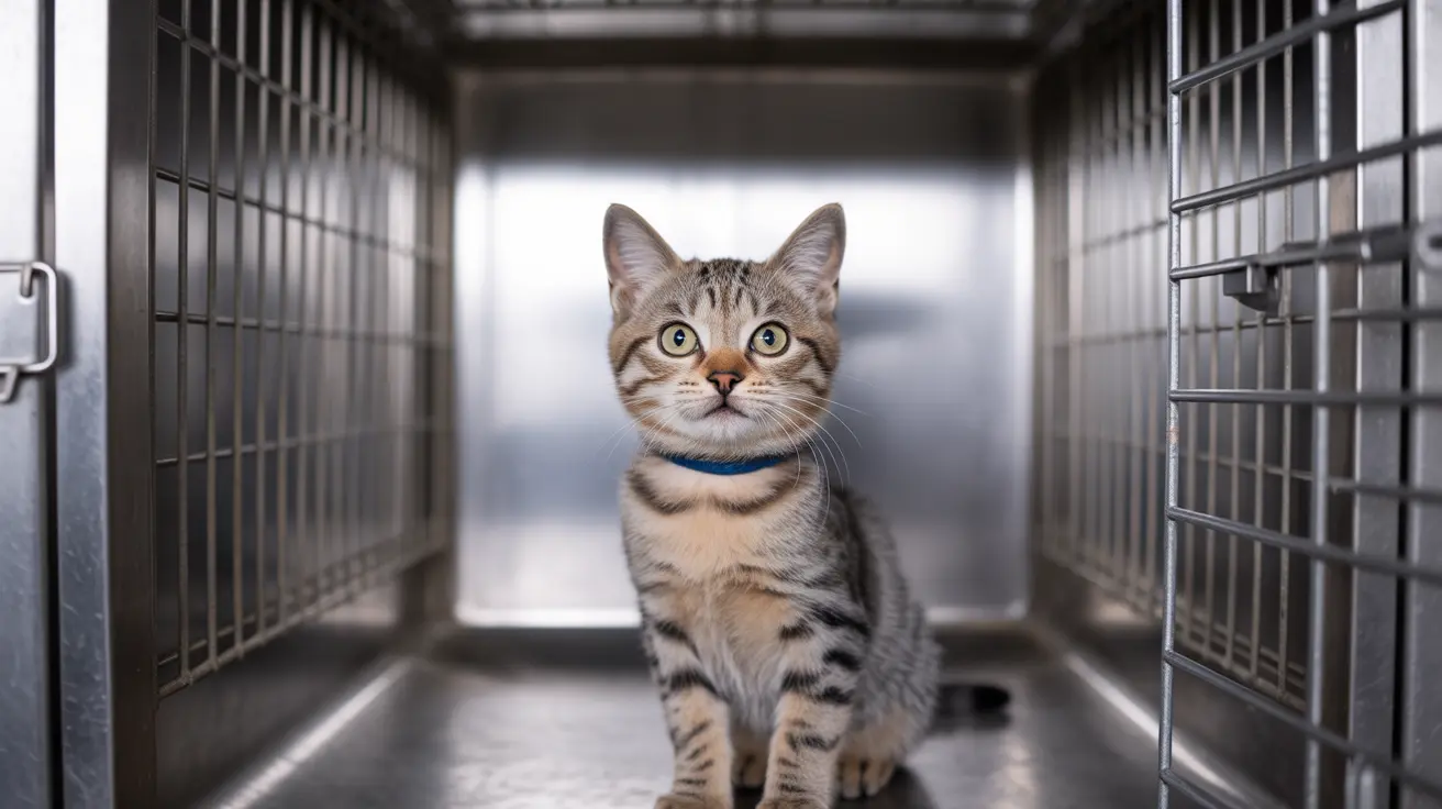 青い首輪をつけた広い黄色い目のキジ猫の子猫が金属製のケネルケージの中に座っている様子