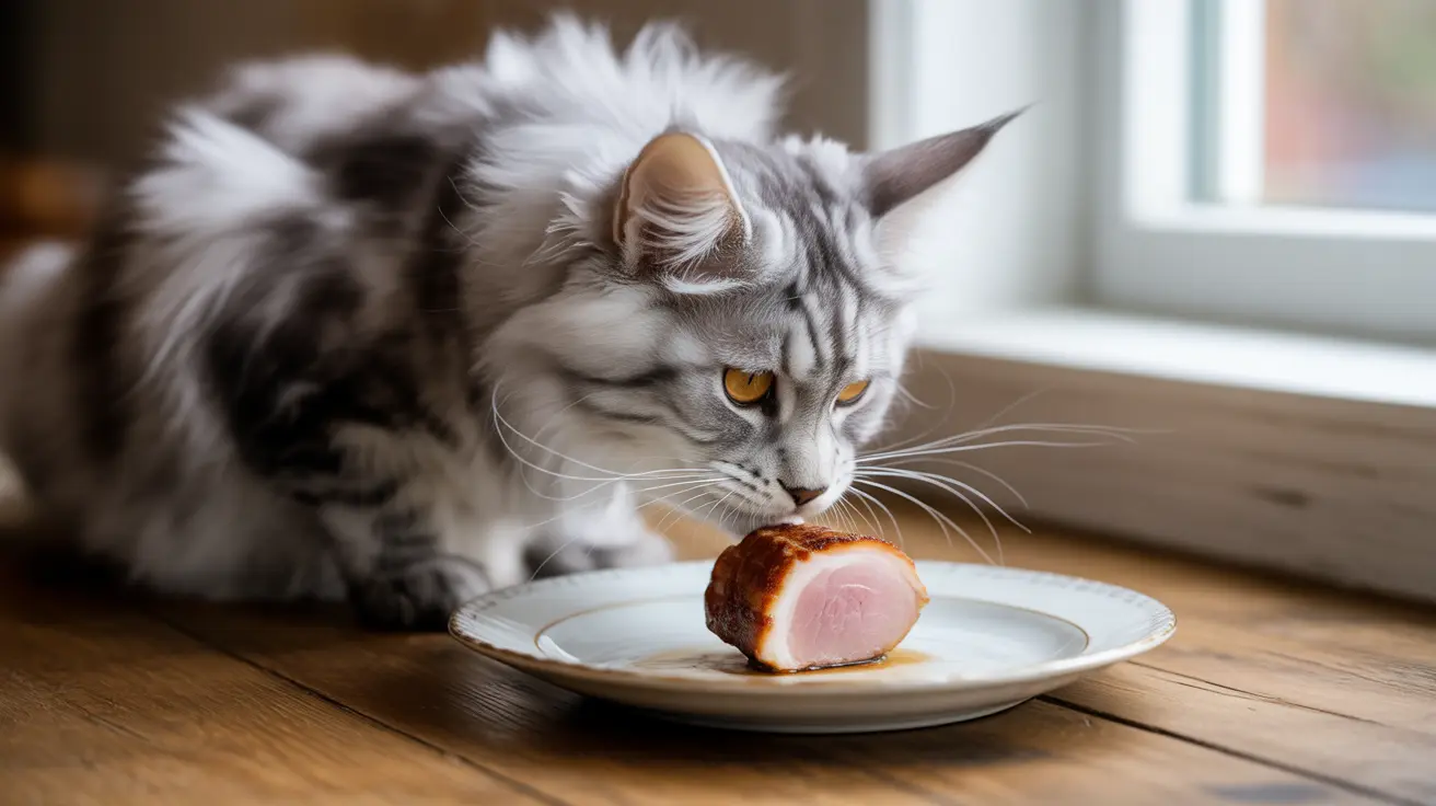 A gray and white tabby cat sniffing a piece of cooked meat on a white plate near a window