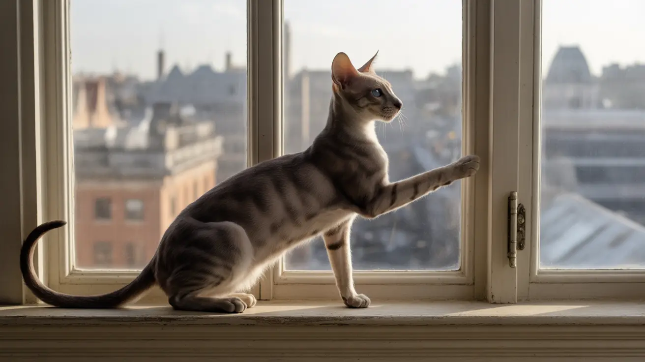 Sleek gray and white tabby cat sitting on windowsill reaching out with one paw and looking intently outside