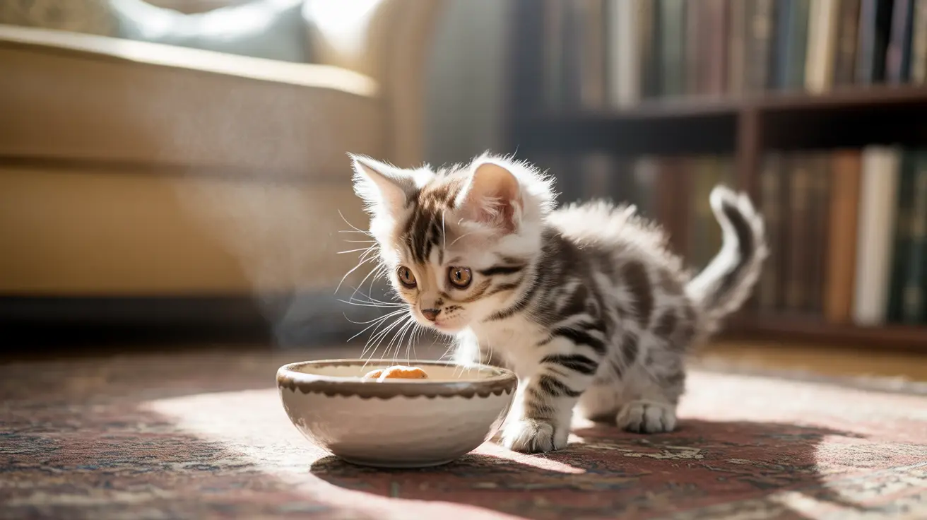 A small tabby kitten eating from a ceramic bowl in a sunlit room.