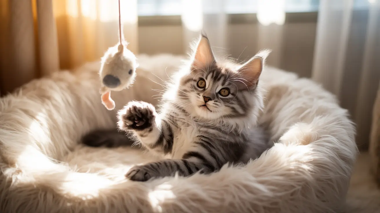Tabby kitten with golden eyes playing with a hanging mouse toy on a fluffy white blanket in sunlight