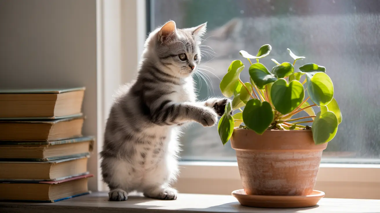 A curious tabby kitten sitting near a potted plant by a window, with a stack of books beside it.