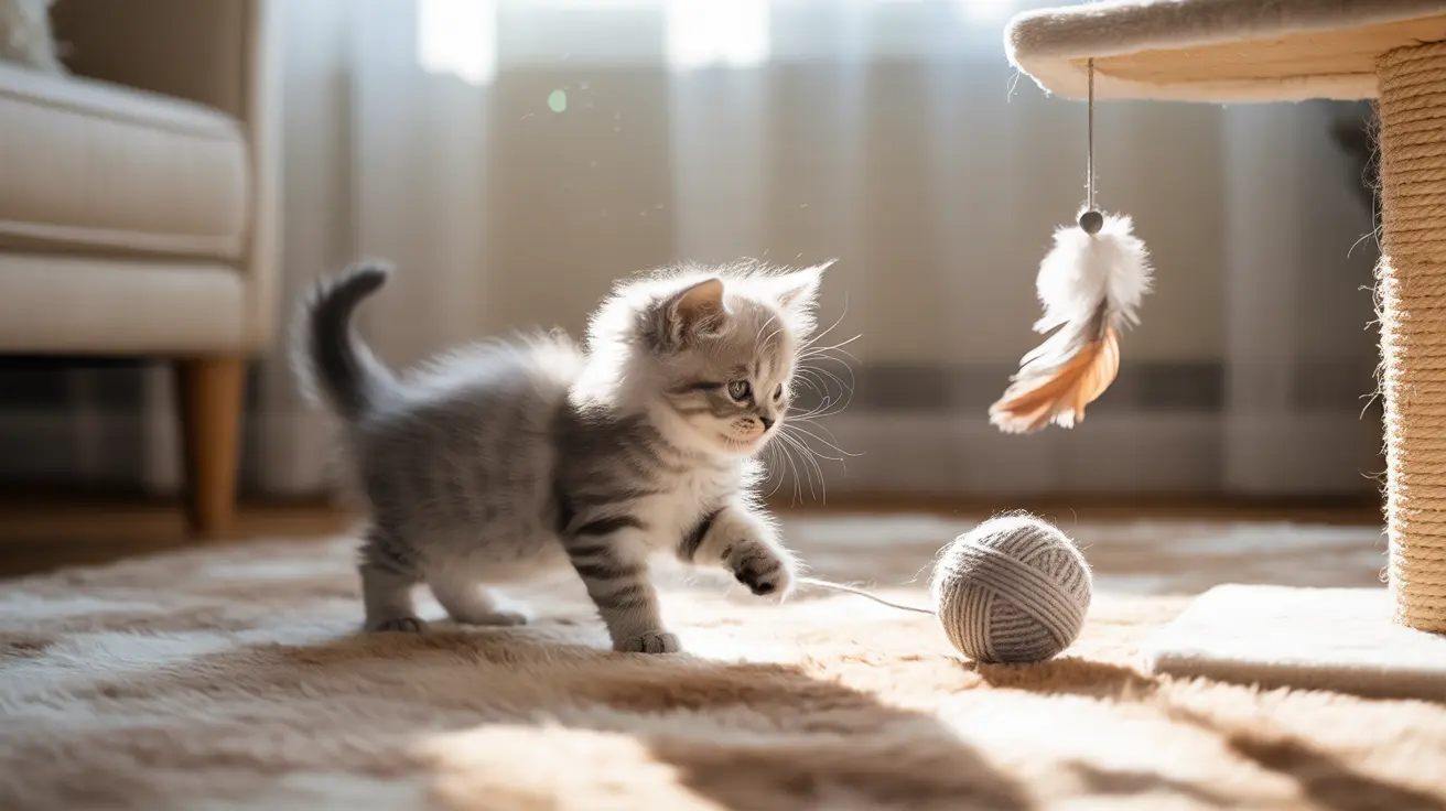 Un gatito atigrado juega y explora juguetes cerca de un rascador en una sala de estar soleada.