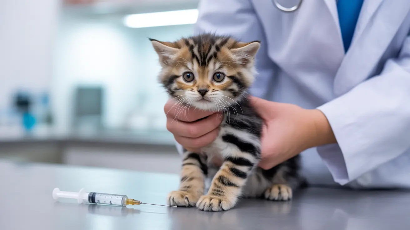 A young tabby kitten being examined by a veterinarian during a medical procedure