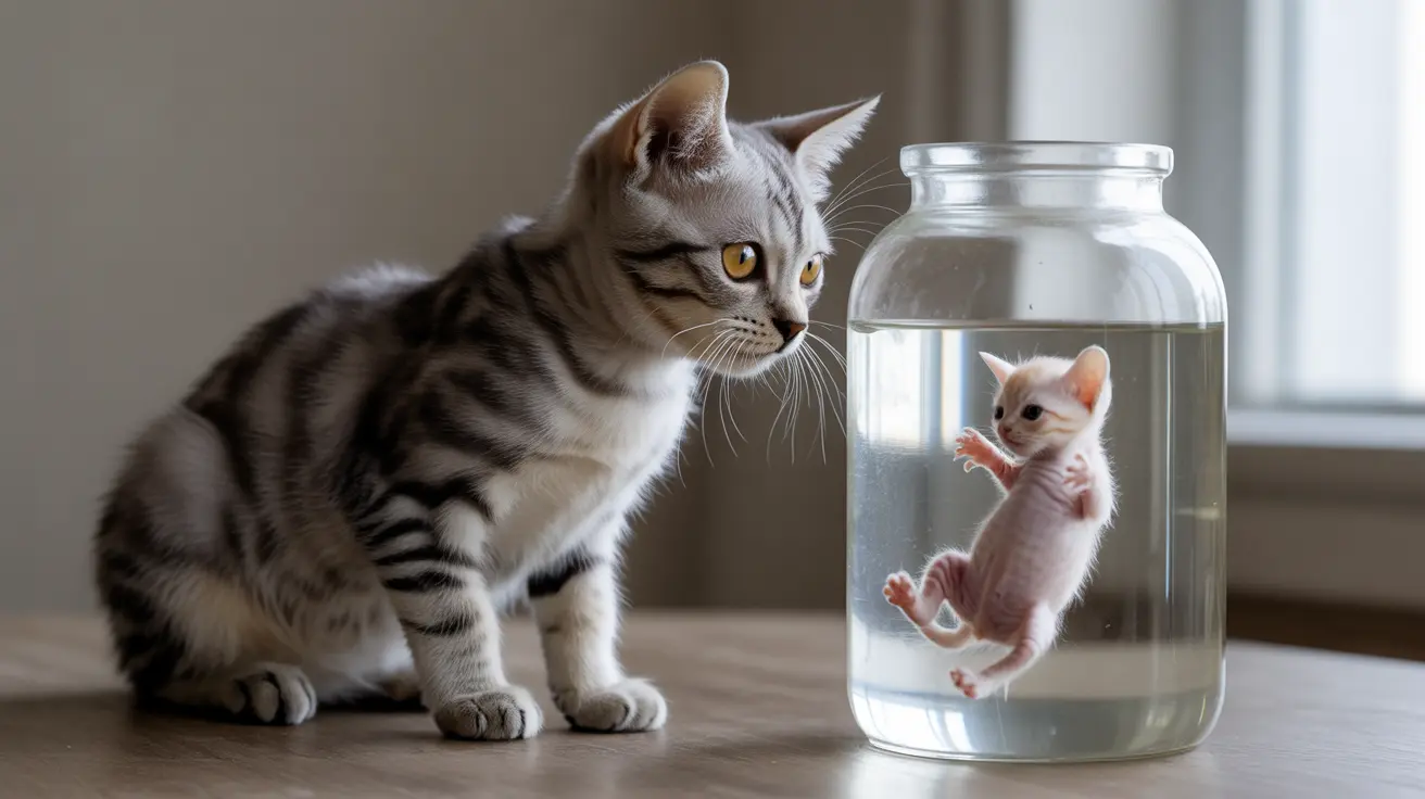 ガラスの瓶の隣に座っているトラ柄の子猫と、小さな白い子猫またはおもちゃのようなものが瓶の中に入っている様子