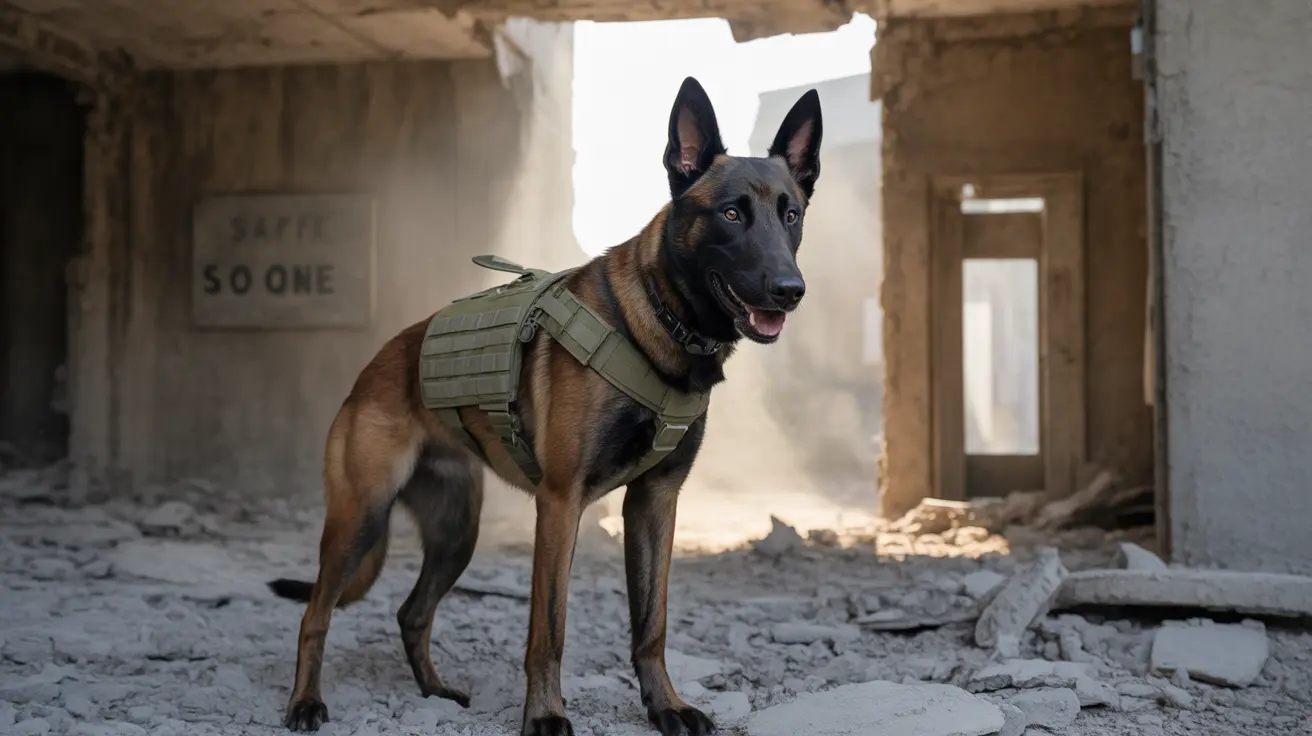 A tactical Belgian Malinois wearing a military-style vest stands alert in a damaged, debris-filled building