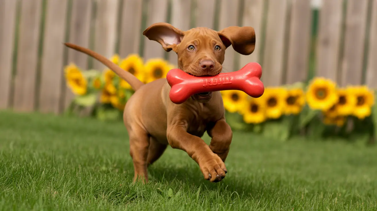 Un chiot pit bull couleur fauve espiègle courant avec un jouet rouge en forme d’os dans la bouche