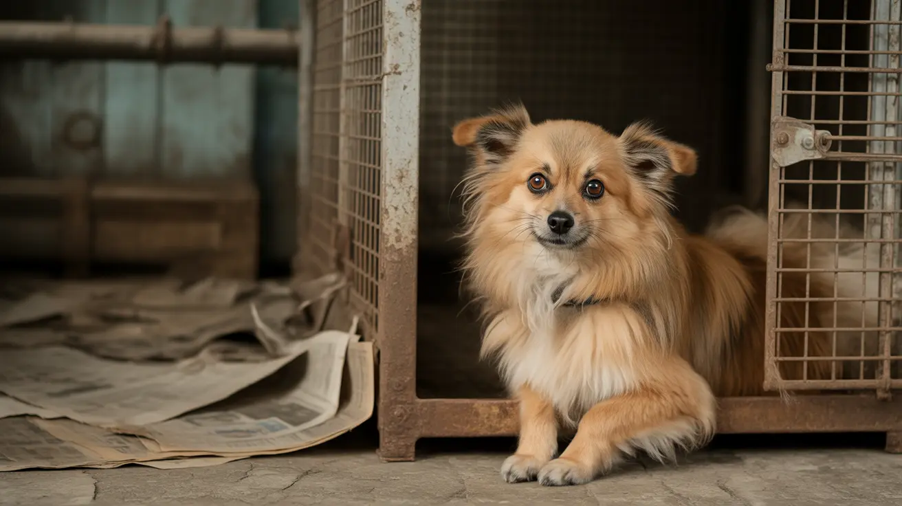 Rows of cages at an illegal animal breeding facility with distressed animals