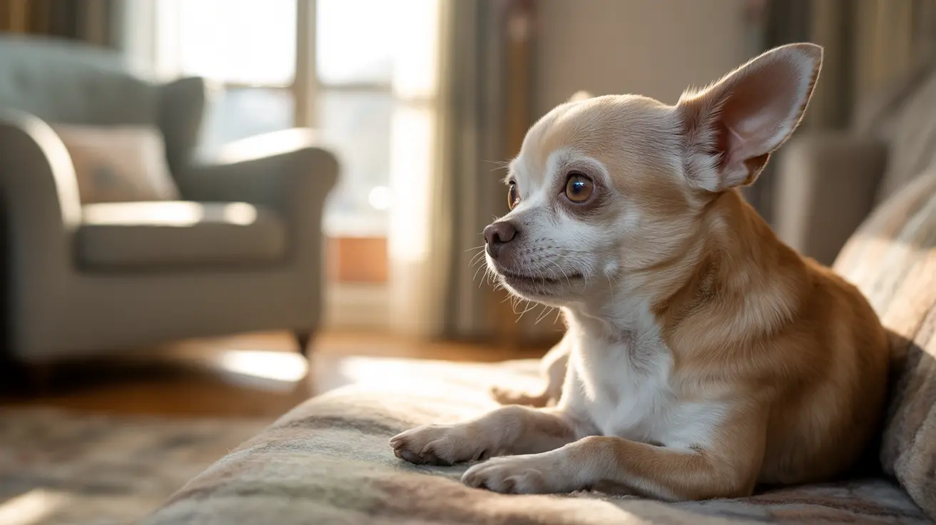 A tan and white Chihuahua sitting alertly on a couch near a window with soft natural light.
