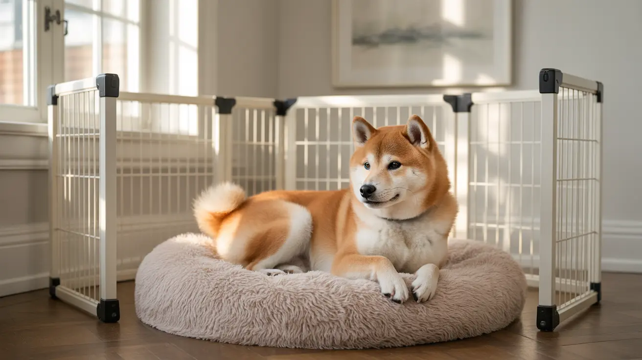 白と茶色の柴犬が白い金属製ペットゲートの中で、ベージュのやわらかい犬用ベッドの上に快適に横たわっています。