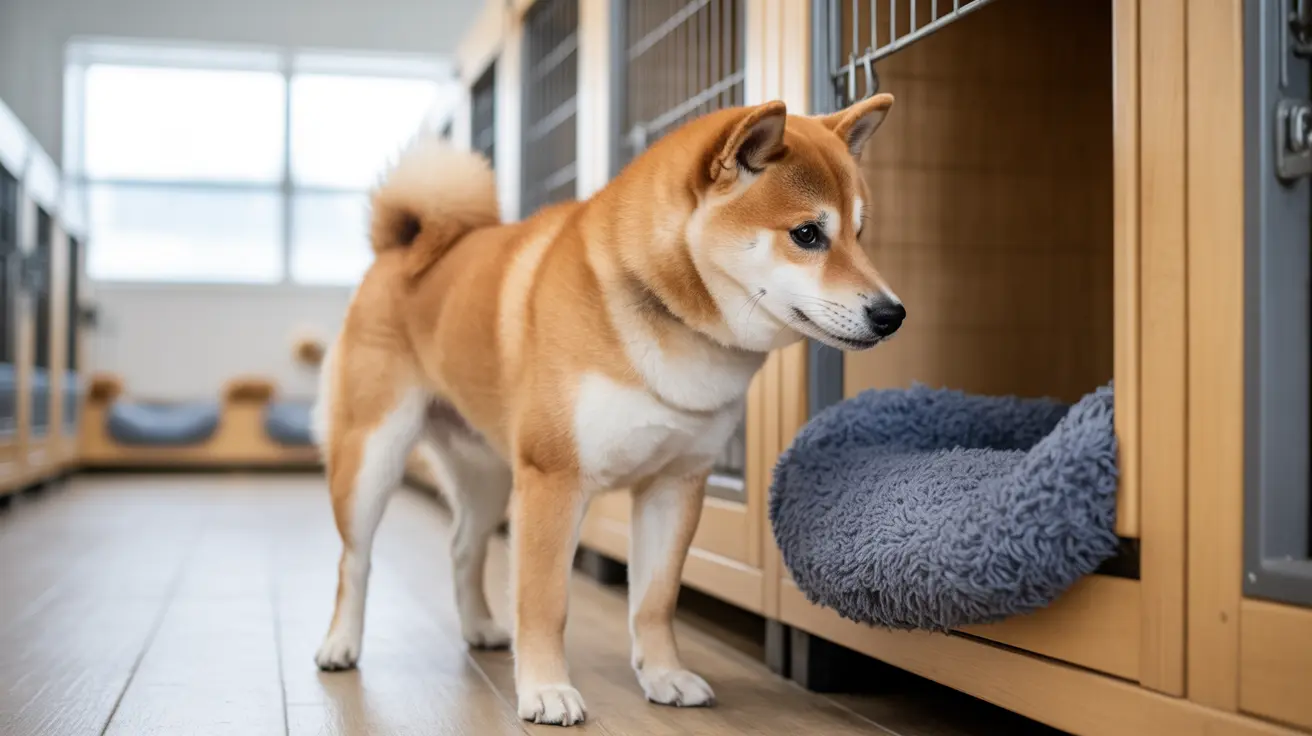 A tan and white Shiba Inu standing alert in a kennel or shelter environment