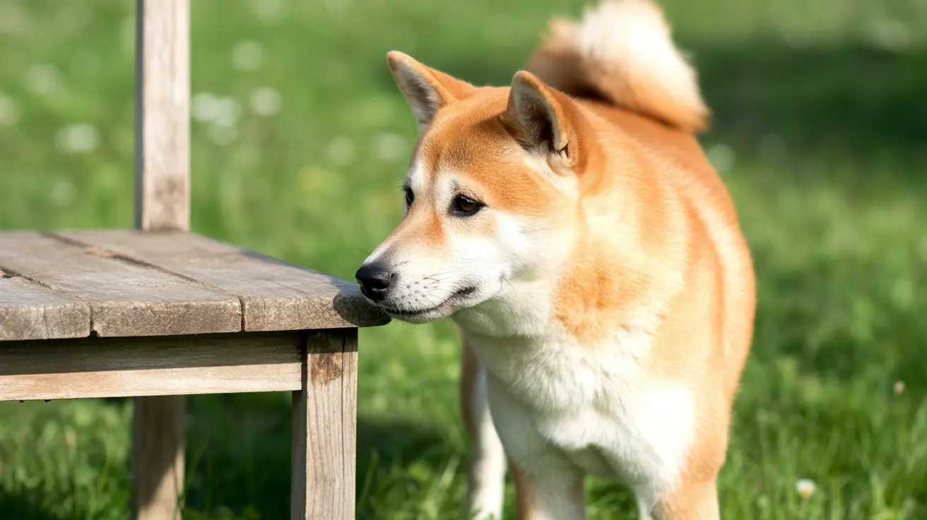 A tan and white Shiba Inu standing next to a wooden table in a grassy outdoor setting