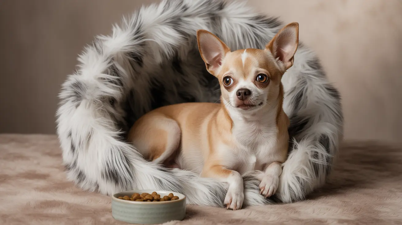 A small Chihuahua sitting comfortably in a fluffy white fur bed with a dog food bowl nearby.