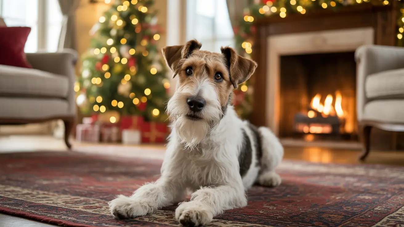 A white and brown terrier sitting calmly on a decorative rug in front of a warm fireplace with a Christmas tree in the background
