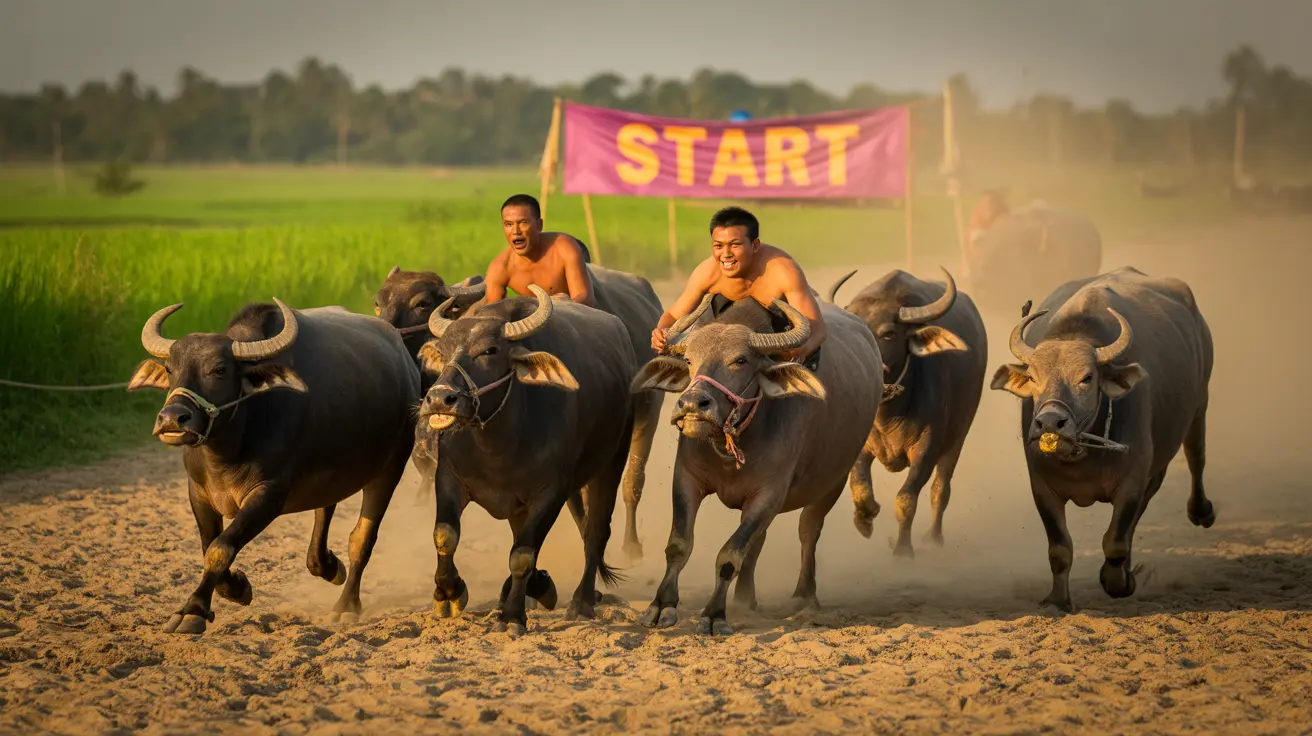 5-year-old black water buffalo with distinctive red inner ears competing at Thailand's water buffalo festival