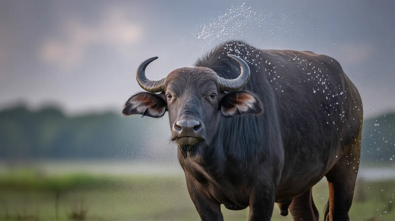 Water buffalo Tod with bright red inner ears and black fur at Thailand beauty pageant