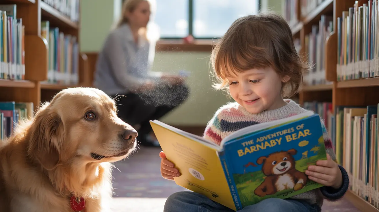Child reading aloud to a friendly therapy dog in a classroom setting