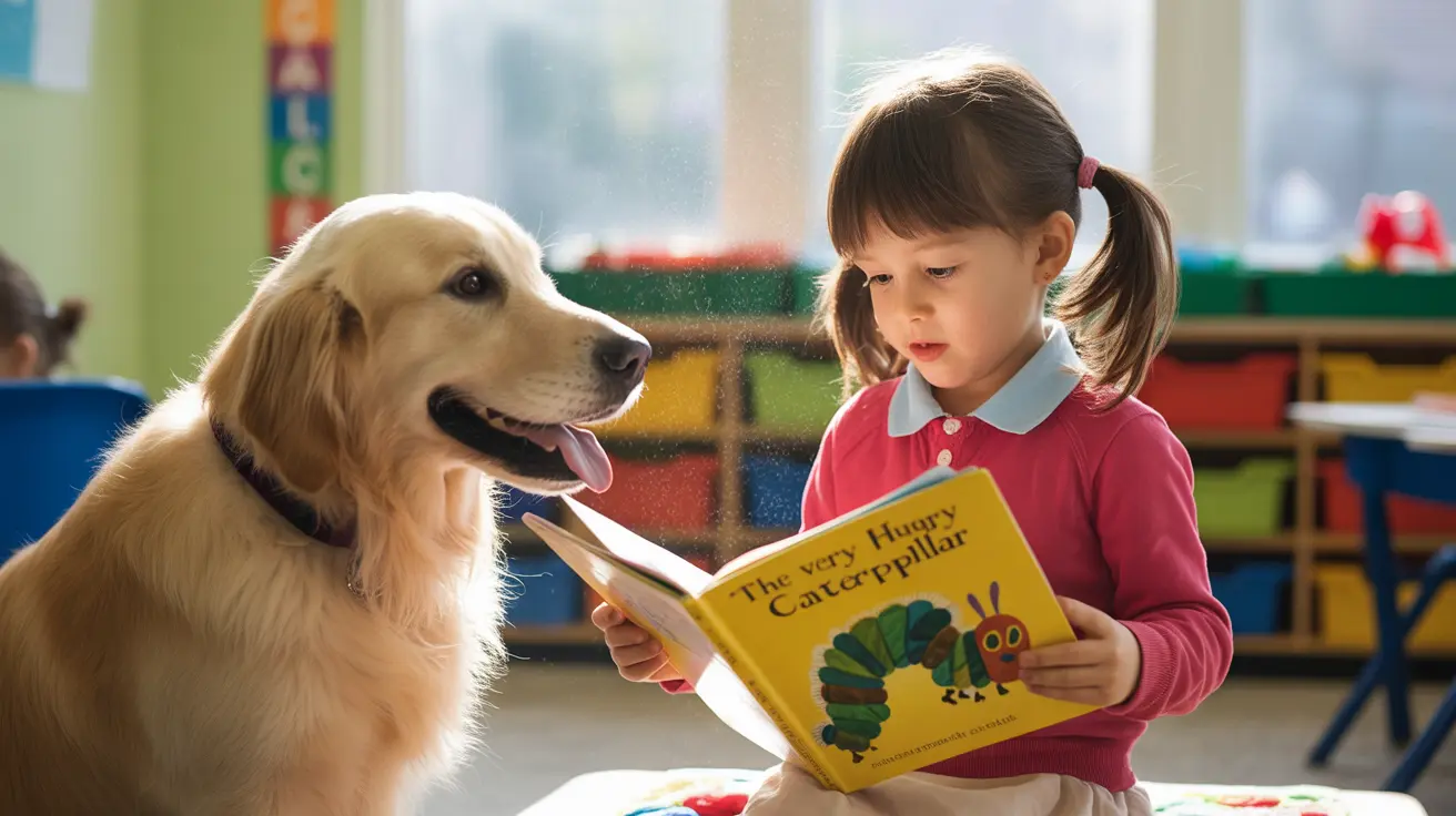 A child reading aloud to a calm therapy dog in a supportive educational setting