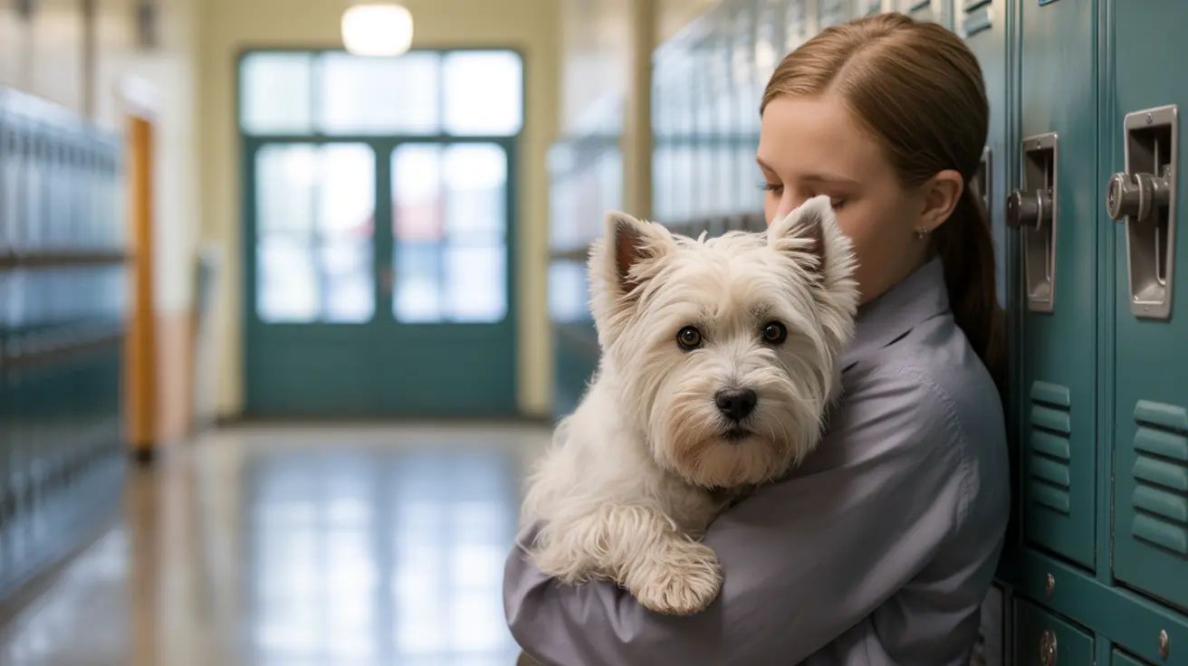 Un professionnel vétérinaire tenant un petit West Highland White Terrier blanc dans un couloir clinique