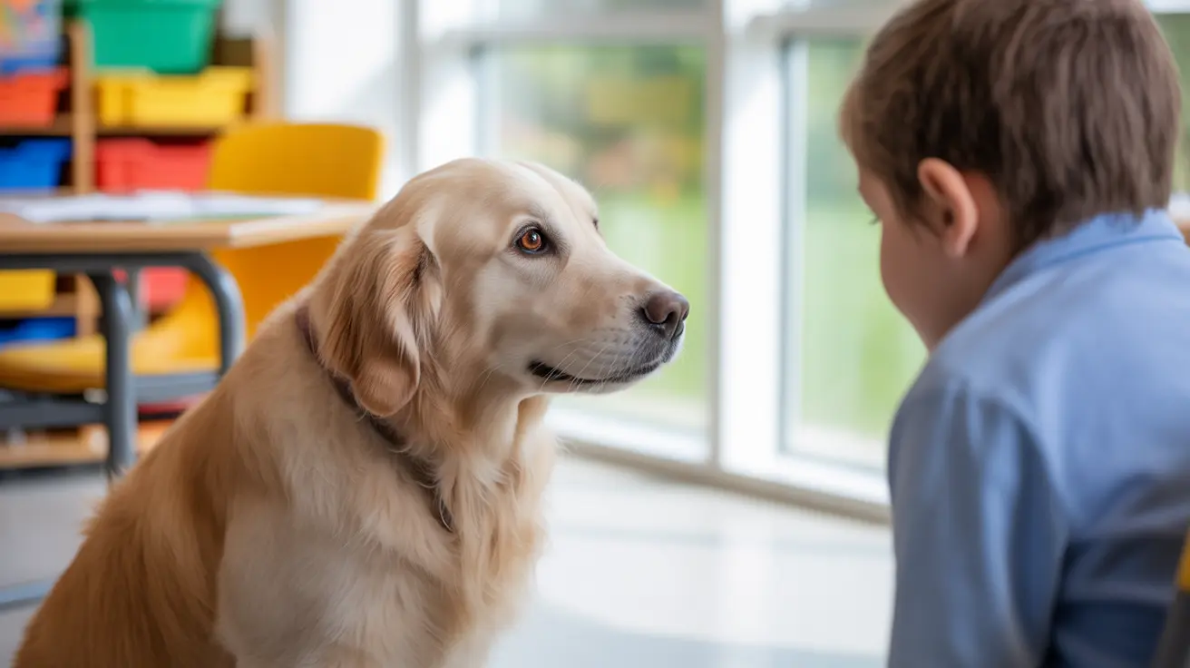 Therapy dog interacting with special needs student in a classroom setting