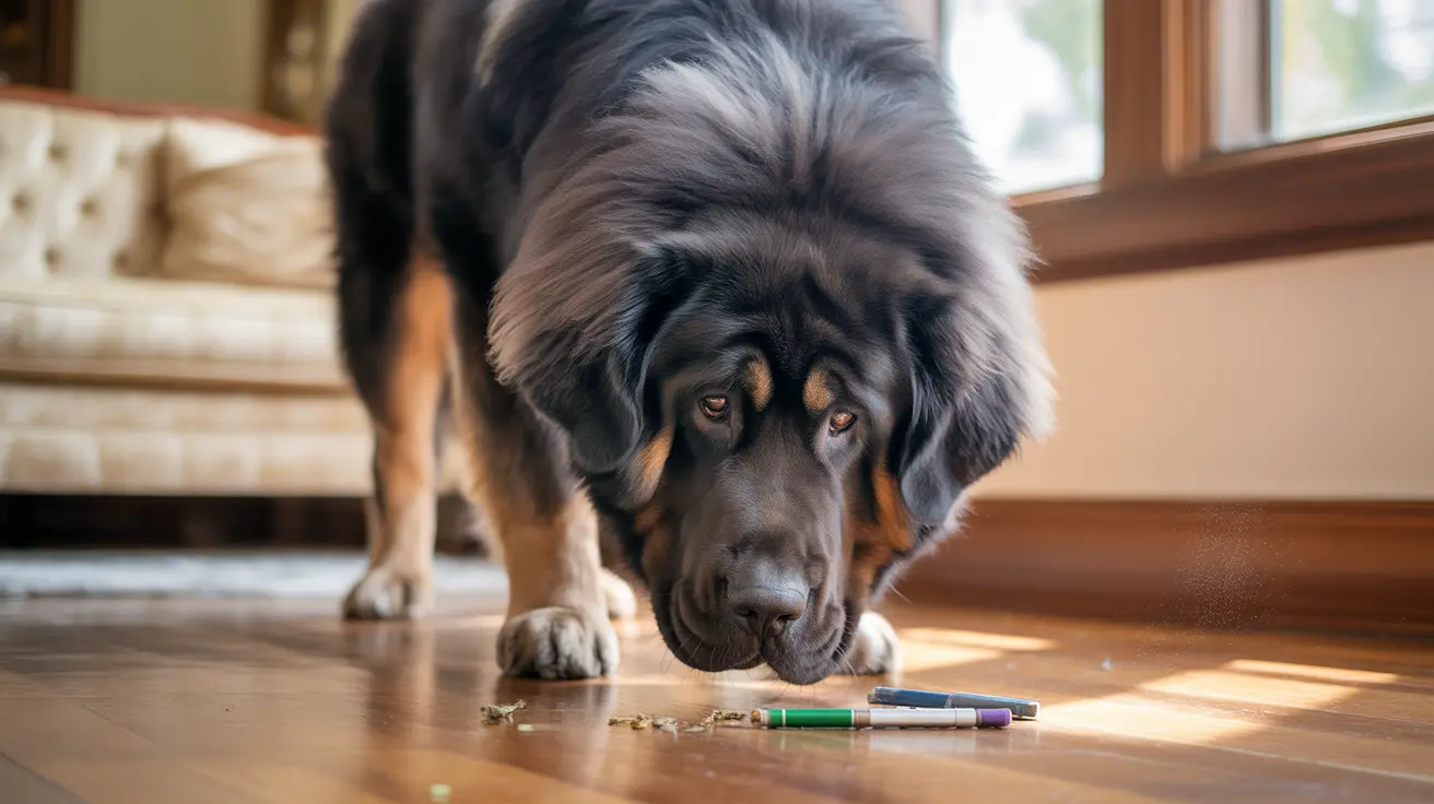 A large Tibetan Mastiff looking at scattered medications on a wooden floor